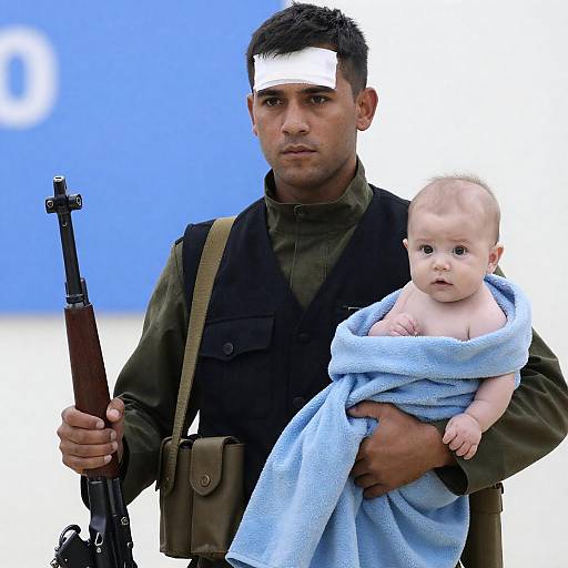 Soldier Holding Baby in Serene Setting