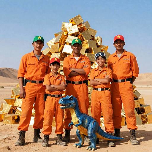 Cheerful Team with Gold and Dinosaur