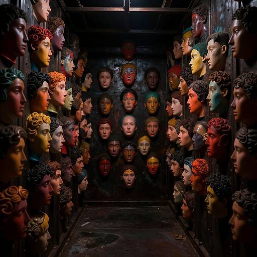 Photograph of a dimly lit, narrow room filled with colorful, intricately detailed, realistic human masks of various expressions and hair colors, arranged in