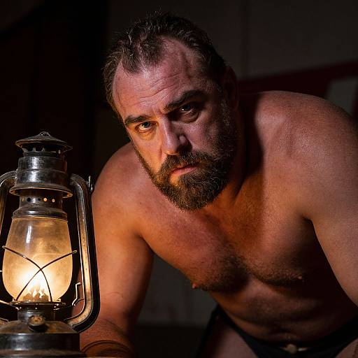 Photograph of a bearded, muscular, shirtless man with intense eyes, leaning forward, holding a glowing lantern in a dimly lit, dark