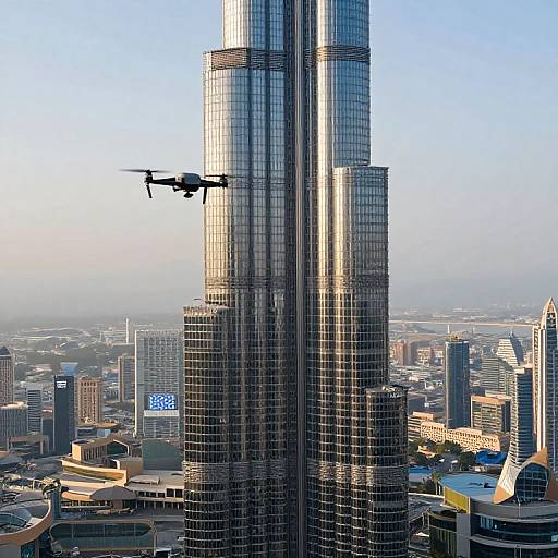 Photograph of a cityscape with two tall, reflective glass skyscrapers, a drone flying mid-air in front, and a hazy skyline in
