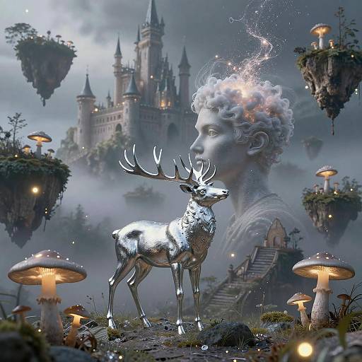 Silver Stag and Mystical Castle Fantasy