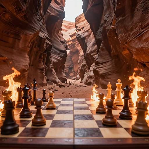 Photograph of a chessboard with burning chess pieces in a narrow, rugged canyon, with sunlight highlighting the rocky walls.