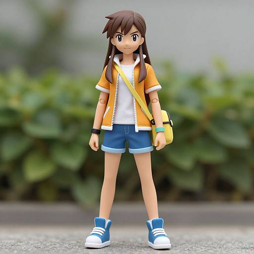 Digital 3D anime-style figure of a young girl with long brown hair, wearing an orange jacket, white shirt, blue shorts, blue sneakers,