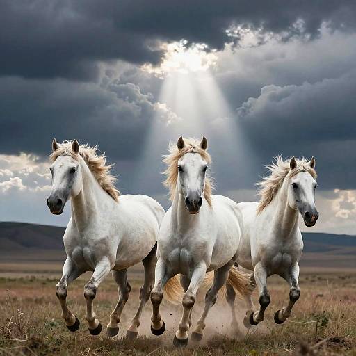 Wild White Horses in Stormy Plains