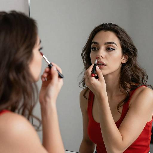 Woman Applying Eyeliner in Mirror