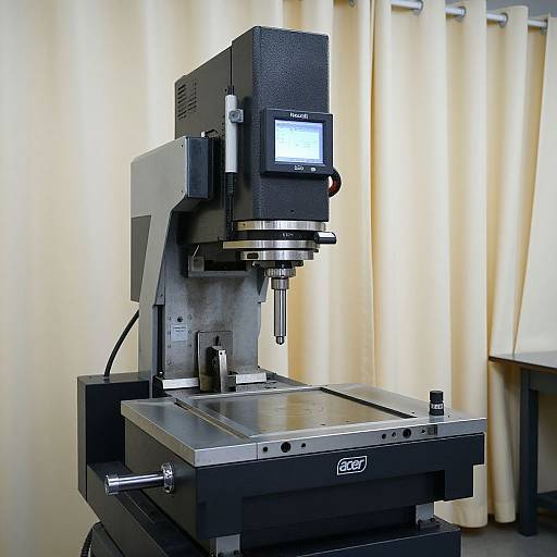 Photograph of a modern CNC milling machine with a black and gray industrial design, set against beige curtains, featuring a small screen and metallic worktable.