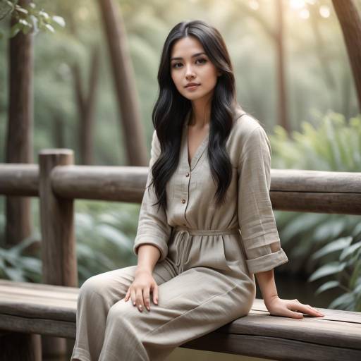 Young Woman in Beige Jumpsuit on Wooden Bridge