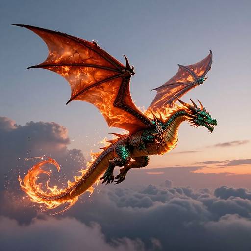 Digital artwork of a fiery, red-and-black dragon with glowing green eyes soaring through a twilight sky above fluffy clouds.