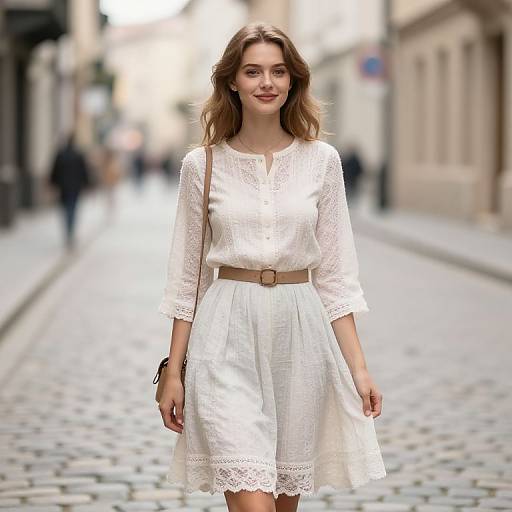 Photograph of a smiling young woman with wavy brown hair, wearing a white lace dress, brown belt, and brown shoulder bag, standing on a