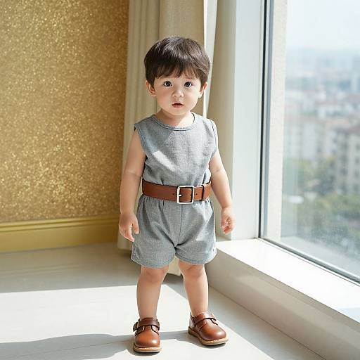 Photograph of a baby doll with black hair, wearing a blue sleeveless romper, brown belt, and brown shoes, standing by a sunlit