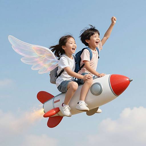 Photograph of two Asian children with wings, laughing and riding a red and white toy rocket against a clear blue sky.