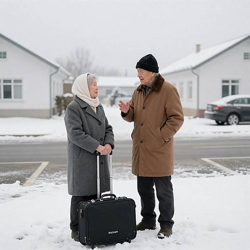 Elderly Couple in Snowy Parking Lot