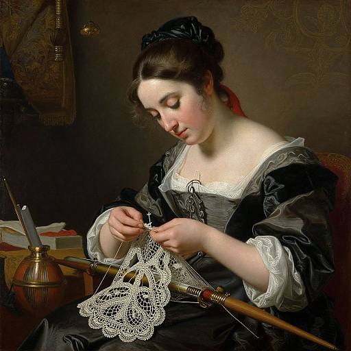Baroque-style painting of a fair-skinned woman with dark hair, wearing a black dress with white lace, intently sewing lace on a needlework