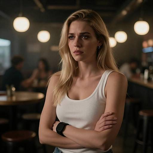 Pensive Blonde Woman in Bar