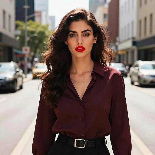 Photograph of a confident woman with long, wavy dark hair, wearing a maroon button-up shirt, black belt, and bright red lipstick,