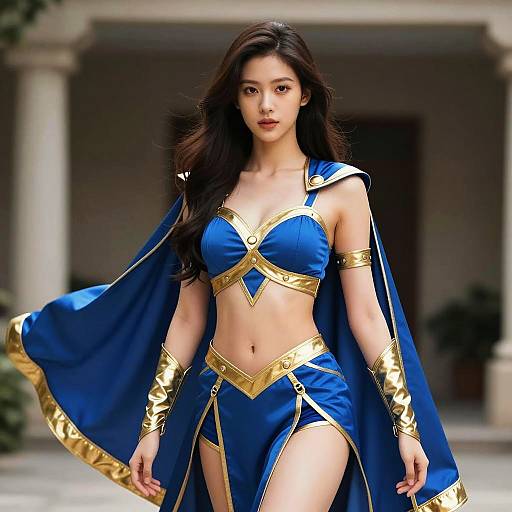 Woman in Blue and Gold Superhero Costume