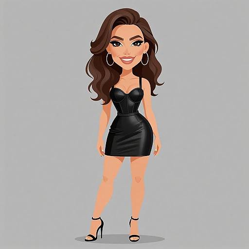 Cartoon-style digital drawing of a confident woman with long brown hair, wearing a tight black leather dress and high heels, standing against a light blue background