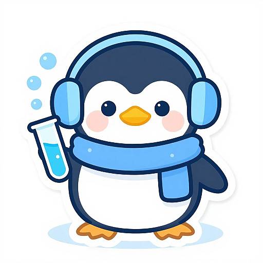 Cute digital drawing of a penguin with blue headphones, scarf, and holding a test tube with bubbles, blushing and standing on orange feet.