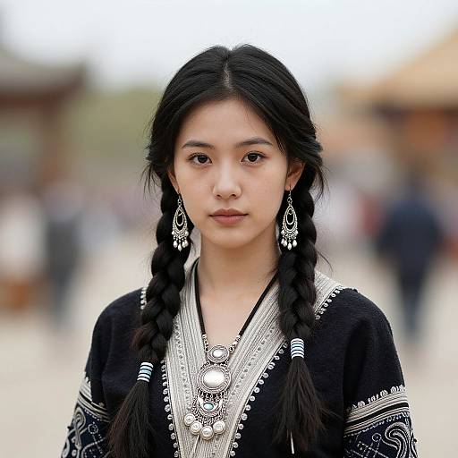 Photograph of an East Asian woman with black braided hair, wearing a black embroidered dress with intricate silver jewelry, standing outdoors with a blurred background of