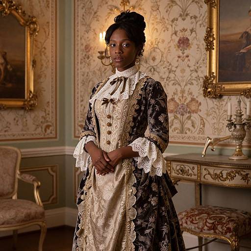 Photograph of a poised African woman in an elaborate, 18th-century-style, black and gold lace dress, standing in an opulent, vintage