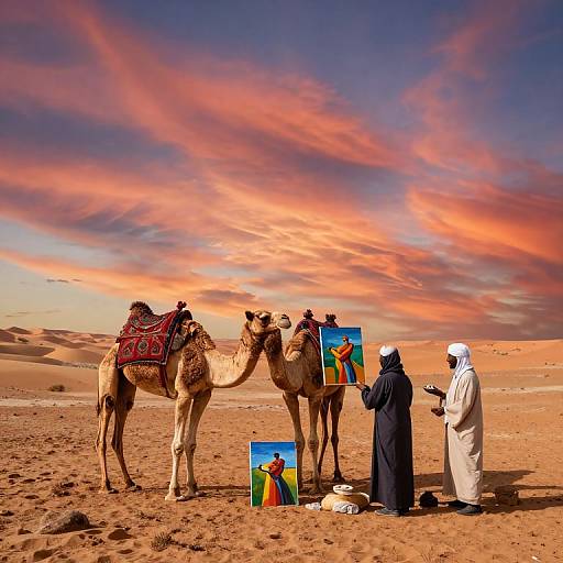 Photograph of two camels with colorful blankets, standing in a desert at sunset, surrounded by four people in traditional robes, painting the scene on canvas