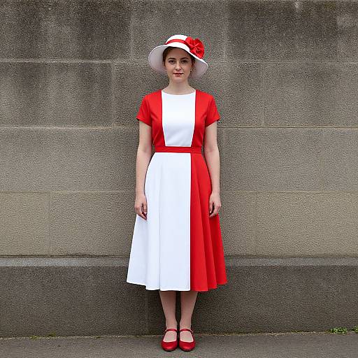 Photograph of a young woman in a red dress with white apron, red shoes, and white hat, standing against a gray stone wall.