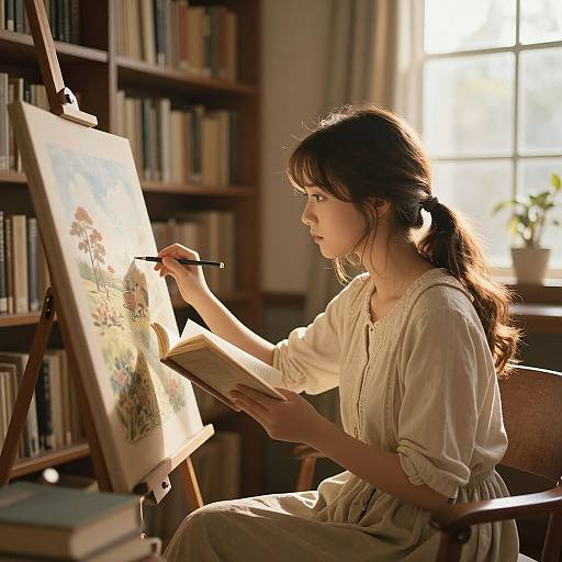 Young woman in white blouse paints on canvas in sunlit library, holding pencil, surrounded by bookshelves and a window.