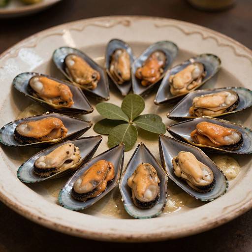 Photograph of a round plate with twelve black-shelled mussels, orange-tinted flesh, garnished with a green leaf in the center.