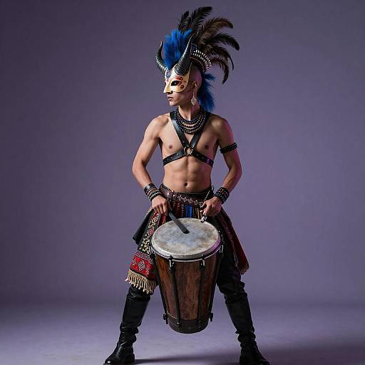 Photograph of a shirtless, muscular Native American drummer with blue mohawk, black feathered headdress, leather harness, and skirt, playing