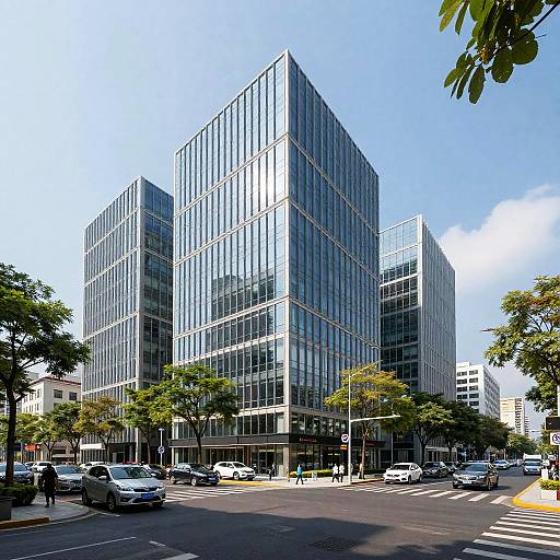 Photograph of a modern, glass-skyscraper complex in an urban setting, with trees, cars, pedestrians, and clear blue sky.