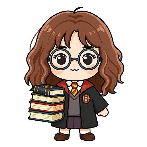 Chibi-style drawing of a girl with brown wavy hair, large black glasses, wearing a Hogwarts school uniform, holding a stack of books.