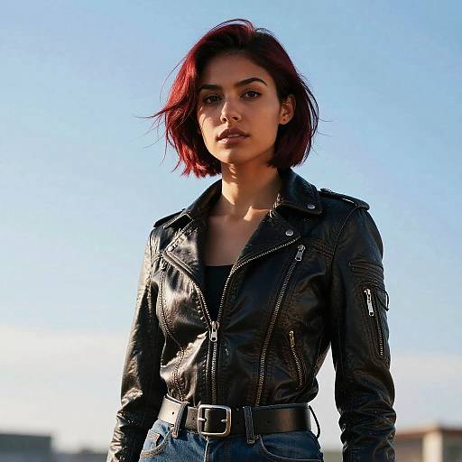 Photograph of a confident young woman with red hair, wearing a black leather jacket and blue jeans, standing against a clear blue sky.