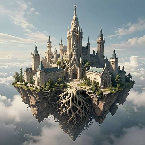 Digital artwork of a floating, Gothic-style castle with intricate towers, surrounded by lush greenery and extensive root system, soaring above a reflective, cloudy sky