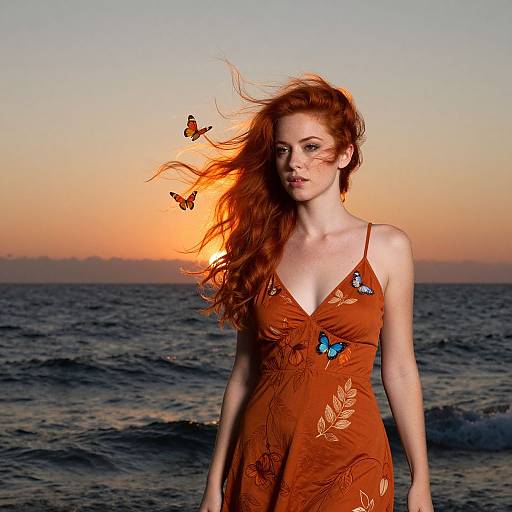 Photograph of a red-haired woman in an orange floral dress, standing by the ocean at sunset, with two butterflies flying nearby.