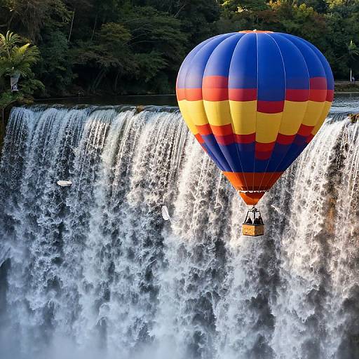 Colorful hot air balloon hovering beneath a powerful, cascading waterfall, surrounded by lush, green forest. Bright, vibrant, and dramatic scene. Photograph