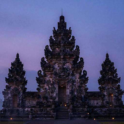 Photograph of a dark, intricately carved Hindu temple facade at dusk, with three ornate towers against a twilight blue sky.