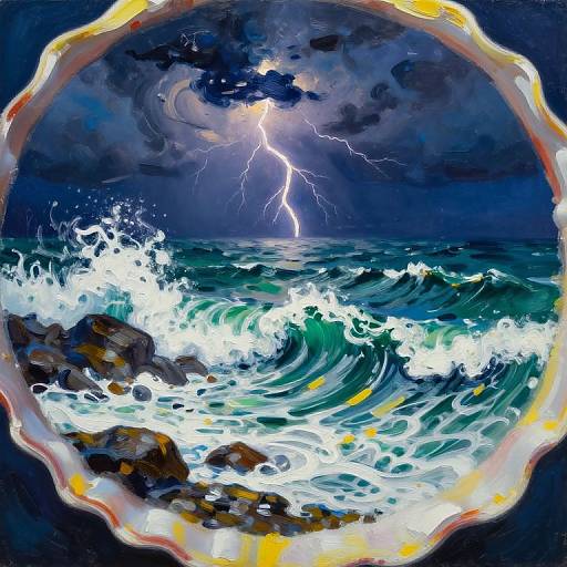 Vivid painting of a stormy sea with crashing waves, dark clouds, and a bright lightning bolt, framed by a colorful, irregular border.