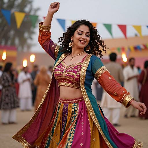 Photograph of a smiling South Asian woman with curly black hair, wearing a colorful traditional lehenga-choli set, dancing joyfully at a festive outdoor