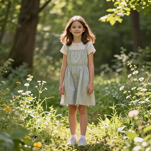 Photograph of a young girl with long brown hair, wearing a white dress and white shoes, standing in a sunlit, green forest clearing with white