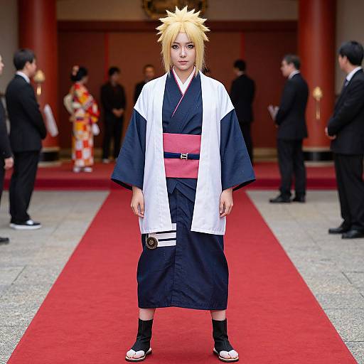 Photograph of a young anime character with spiky blonde hair, wearing a black kimono, white sash, red belt, and black socks with