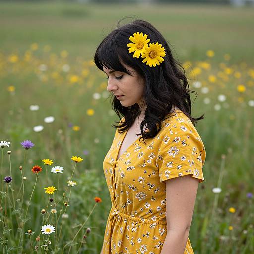 Woman in Mustard Dress with Daisies