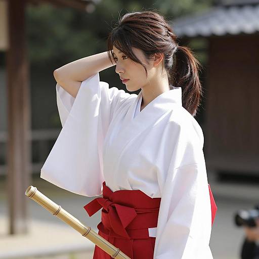 Japanese Woman in Traditional Hakama Holding Bamboo Staff