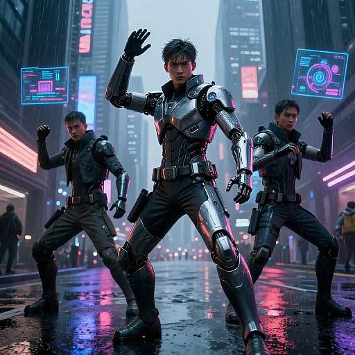 CGI sci-fi scene: three armored, cybernetic agents in a neon-lit, rainy city street, standing in action poses with holographic
