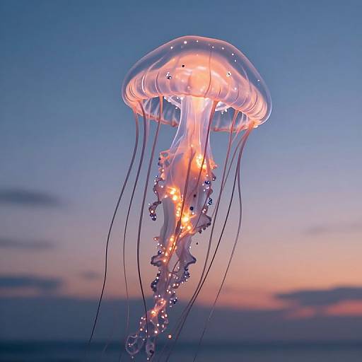 Photograph of a glowing, translucent jellyfish with pink and orange lights, floating against a twilight sky with hues of blue and pink.