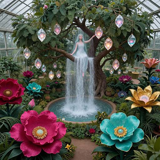 Photograph of a fairy-like figure in a glowing white dress, standing under a waterfall in a lush, glass greenhouse with large, colorful flowers and hanging