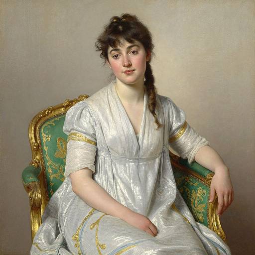 Photograph-style painting of a young Caucasian woman with fair skin and dark hair, wearing a silver, gold-trimmed dress, sitting on an orn