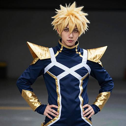 Photorealistic CGI of a young man cosplaying Naruto, with spiky blonde hair, blue and gold armor, white cross design, hands on hips