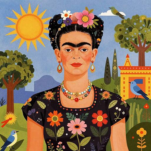 Digital illustration of Frida Kahlo with dark hair, flower crown, floral dress, gold jewelry, sun, birds, and colorful Mexican villa.