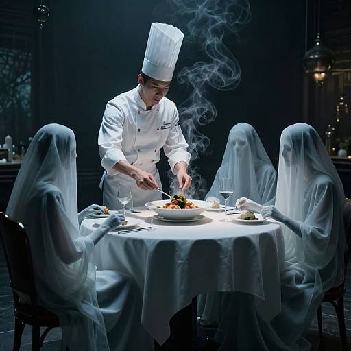 Photograph: Male chef in white uniform and hat, smoking food, serving three ghostly, veil-covered diners at a dimly lit, elegant